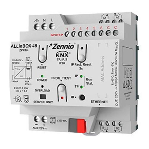 Многофункциональный актуатор с блоком питания, интерфейсом KNX-IP, 4 выходами, 6 входами и логическим модулем ALLinBOX 46 Zennio ZPR46