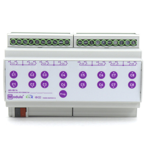 KNX актуатор штор и жалюзи, 8 каналов 16А 230В AC Module Electronic JAS-08.16