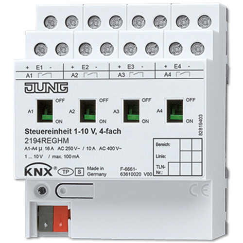 Диммер KNX универсальный 1-10 В, 4 группы Jung 2194REGHM