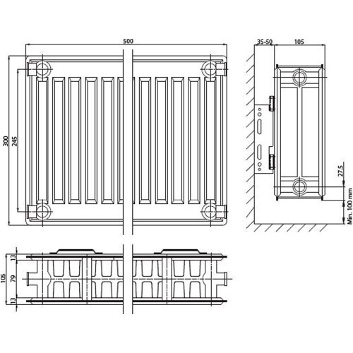 Панельный радиатор ELSEN ERK220305, ERK 22, 100*300*500