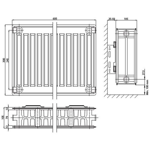 Панельный радиатор ELSEN ERK220306, ERK 22, 100*300*600