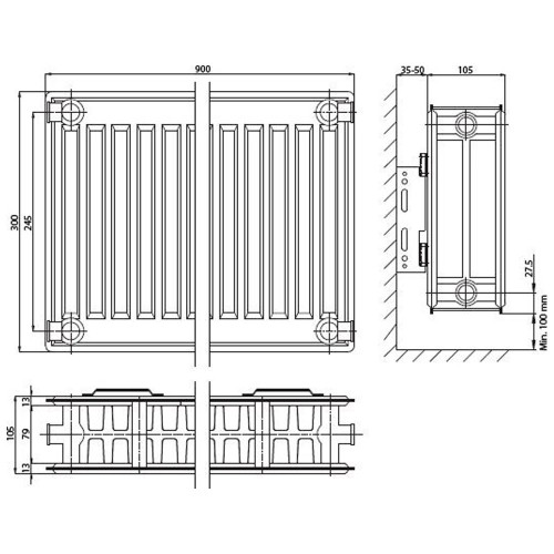 Панельный радиатор ELSEN ERK220309, ERK 22, 100*300*900