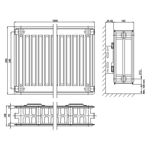 Панельный радиатор ELSEN ERK220310, ERK 22, 100*300*1000