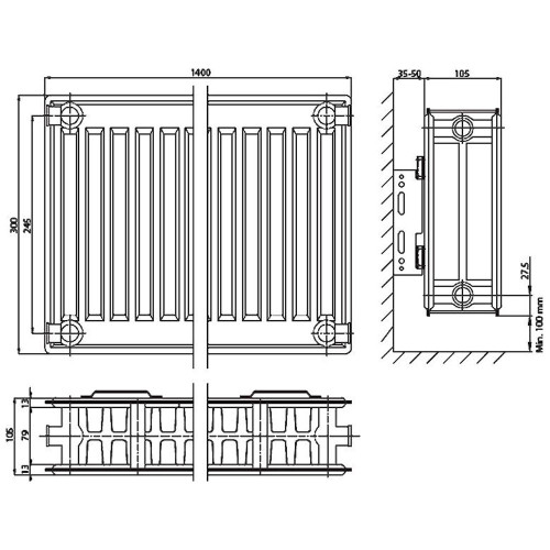 Панельный радиатор ELSEN ERK220314, ERK 22, 100*300*1400