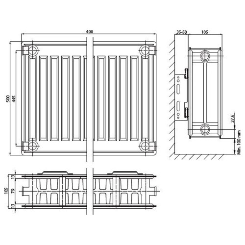 Панельный радиатор ELSEN ERK220504, ERK 22, 100*500*400