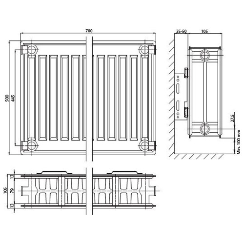 Панельный радиатор ELSEN ERK220507, ERK 22, 100*500*700