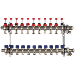 Коллекторная группа ELSEN EMi03.12 1", 12 контуров, размер отвода-3/4", с вентилями и расходомерами, нержавеющая сталь 