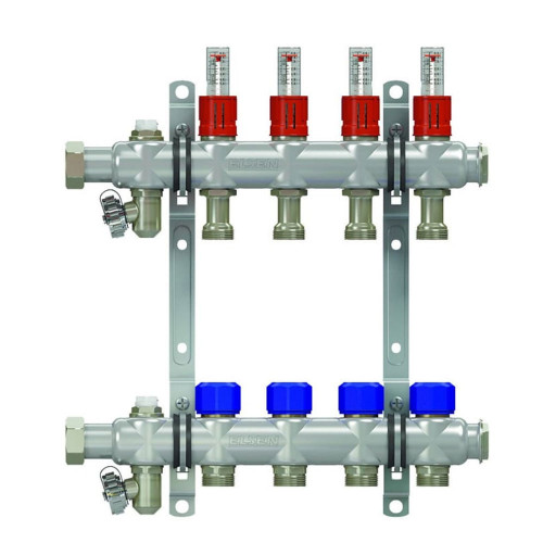 Коллекторная группа ELSEN EMi03.08 1", 8 контуров, размер отвода-3/4", с вентилями и расходомерами, нержавеющая сталь 